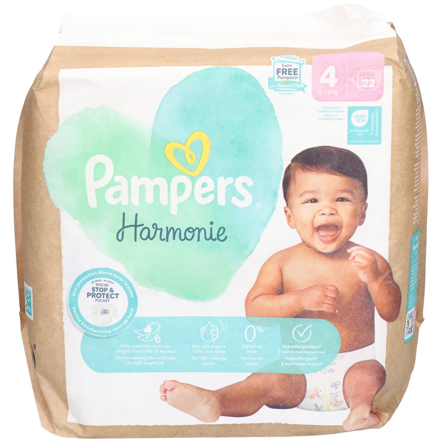 Paquet de couches Pampers Harmonie Gr. 4 (22 pièces). Bébé, cœur, Stop & Protect, 0%. Emballage.