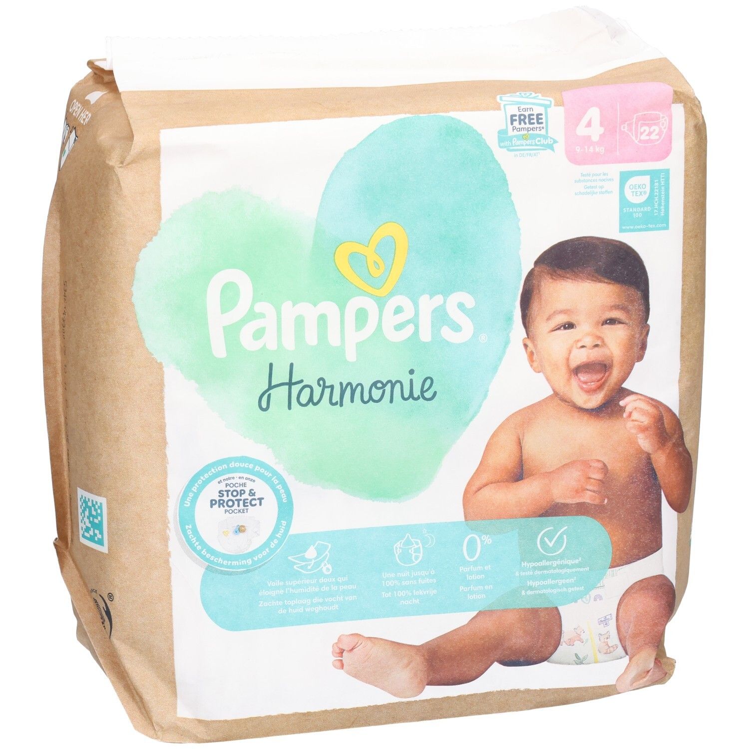 Paquet de couches Pampers Harmonie Gr. 4 (22 pièces). Bébé, cœur, Stop & Protect, 0%. Emballage.