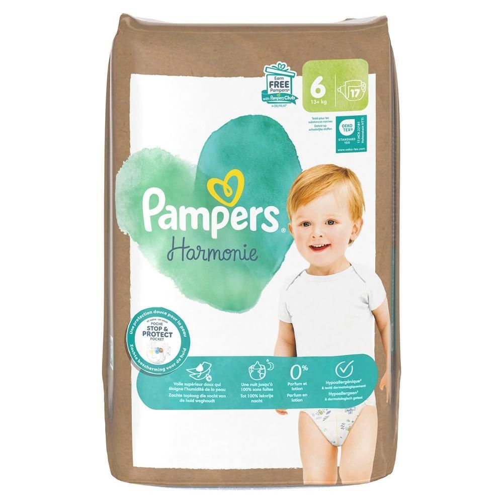 Paquet de couches Pampers Harmonie taille 6, à partir de 13 kg. Bébé sur l'emballage. Logo cœur vert et blanc. Inscriptions : 0%, Stop & Protect.