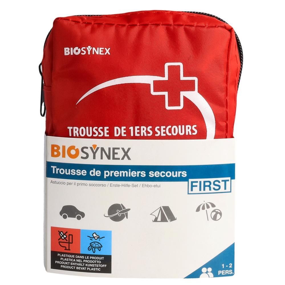 Rote Erste-Hilfe-Tasche von BIOSYNEX mit weißem Kreuz und Beschriftung.