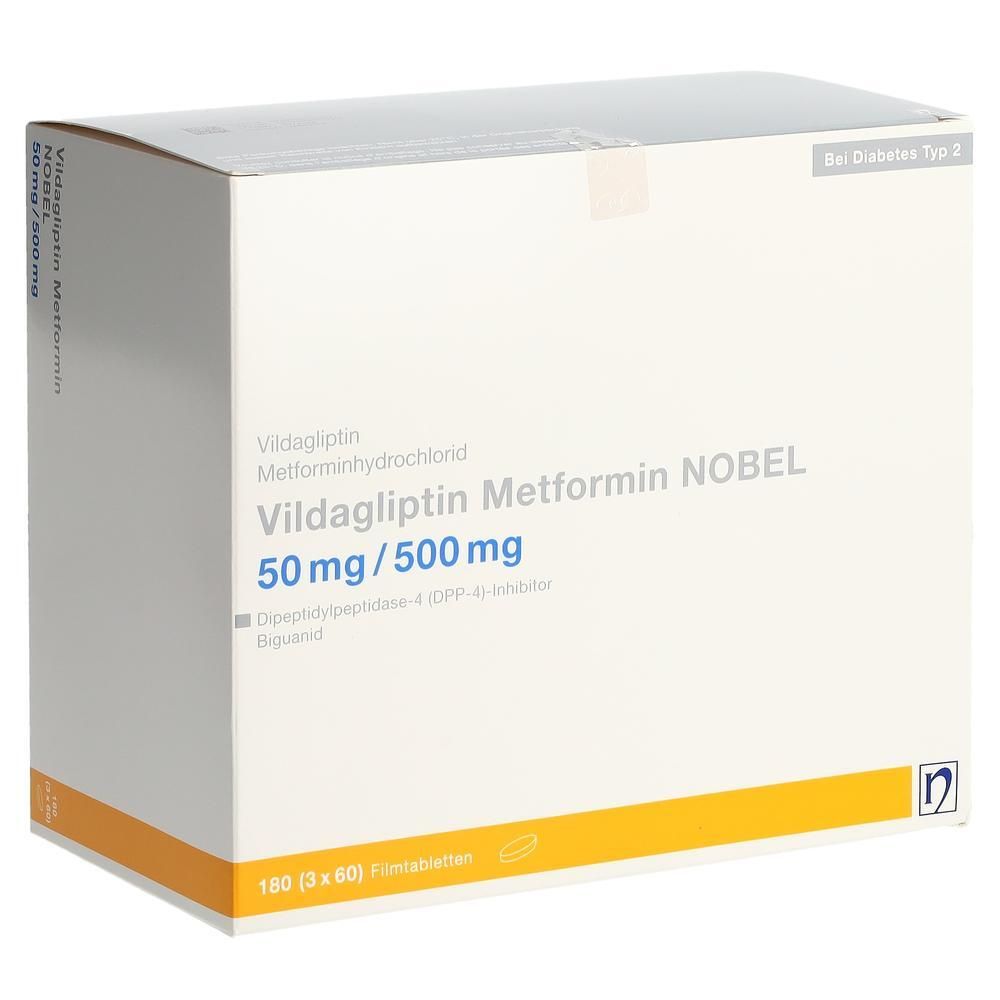 Weiße Medikamentenbox mit gelben Akzenten. Aufschrift: Vildagliptin Metformin NOBEL 50 mg/500 mg. 180 Tabletten.