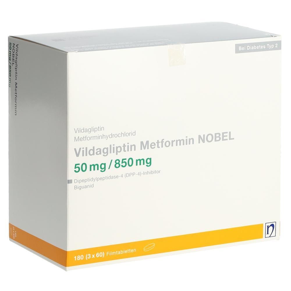 Weiße Medikamentenbox mit Aufschrift Vildagliptin Metformin NOBEL 50 mg/850 mg. Enthält 180 Tabletten.