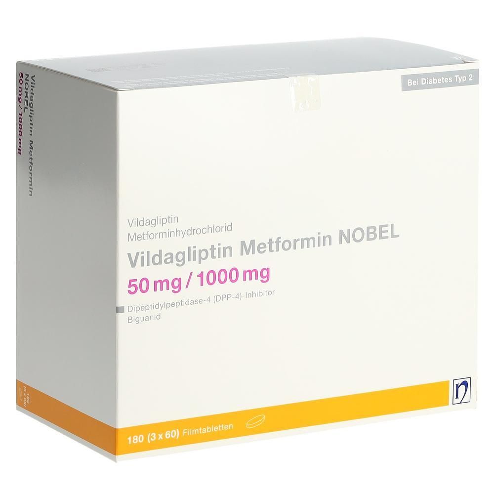 Weiße Medikamentenbox mit gelben Akzenten. Aufschrift: Vildagliptin Metformin NOBEL, 50 mg/1000 mg. 180 Filmtabletten.