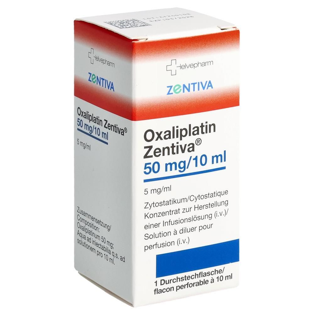 Karton mit Aufschrift 'Oxaliplatin Zentiva 50 mg/10 ml'. Enthält eine Durchstechflasche. Marke: Zentiva.