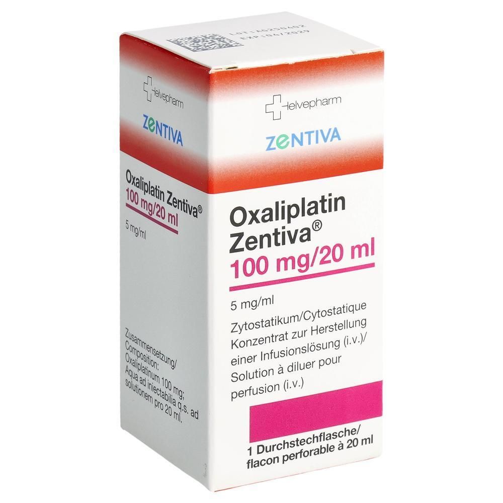Verpackung von Oxaliplatin Zentiva. Aufschrift: 100 mg/20 ml. Enthält eine Durchstechflasche. Marke: Zentiva.