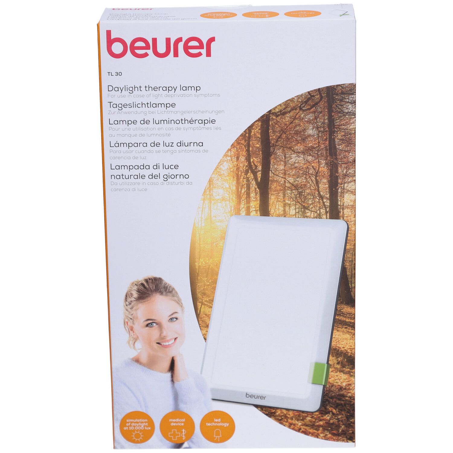 Verpackung der Tageslichtlampe. Aufdrucke: Beurer, TL 30, Tageslichtlampe, Lampe de luminothérapie, Lampara de luz diurna, Lampada di luce naturale del giorno. Produkt und Frau.