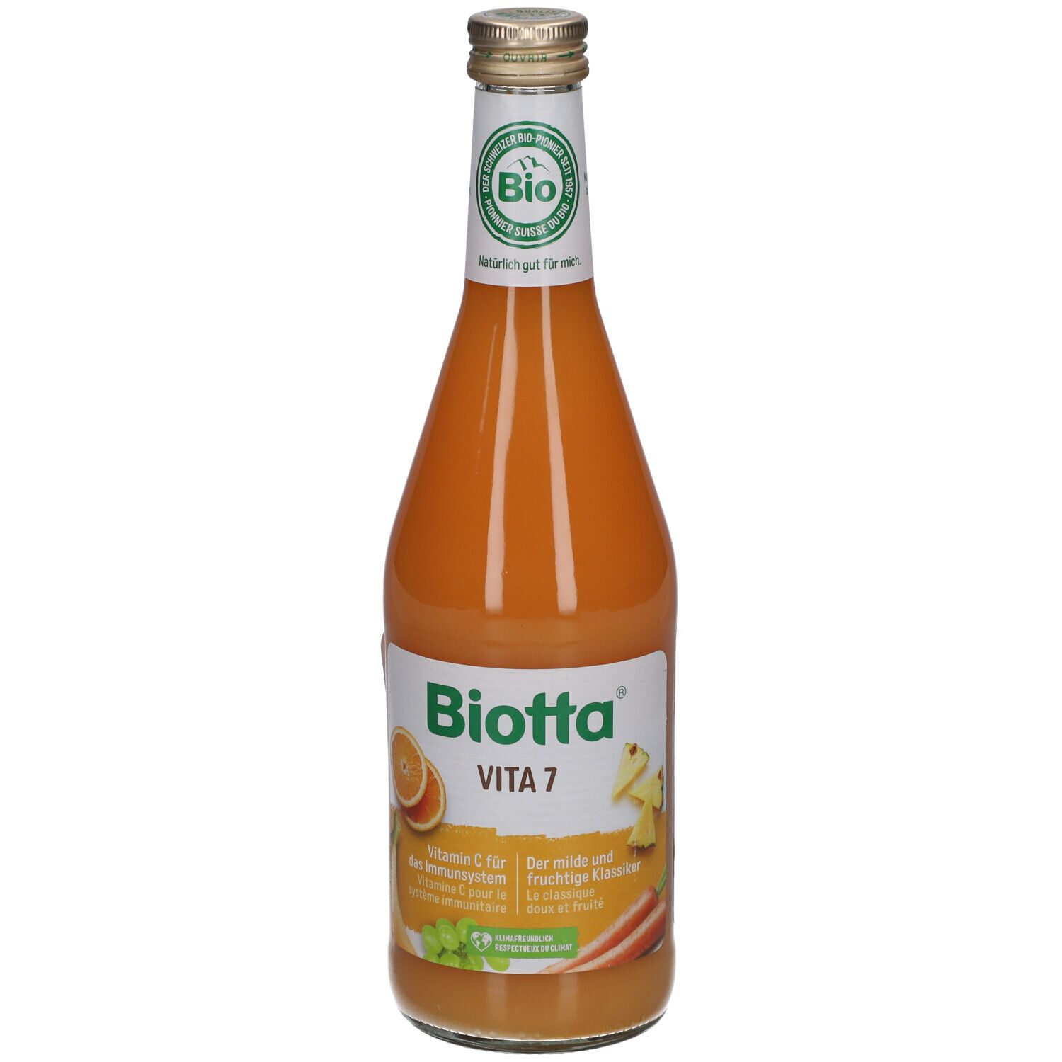 Glasflasche mit BIOTTA Vita 7. Orangefarbener Saft. BIO-Siegel. Aufschrift: Vitamin C für das Immunsystem.