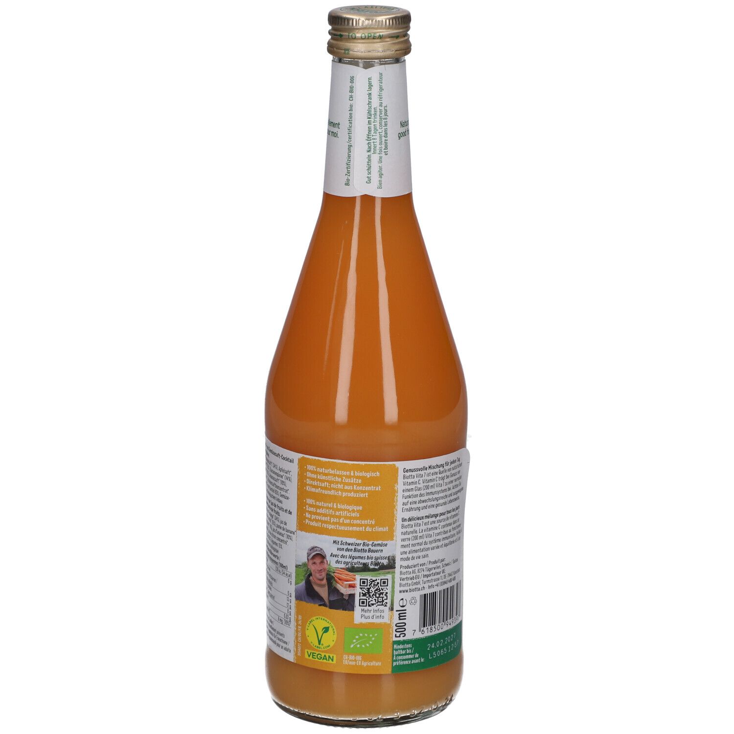 Rückseite der Glasflasche BIOTTA Vita 7. Etikett mit Text, QR-Code und BIO-Siegel. Vegan-Logo. 500 ml.