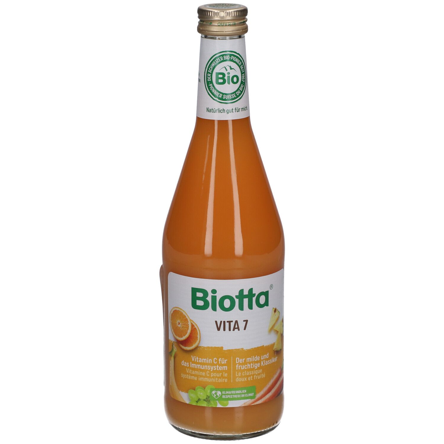 Glasflasche BIOTTA Vita 7. Orangefarbener Saft. BIO-Siegel. Aufschrift: Vitamin C für das Immunsystem.