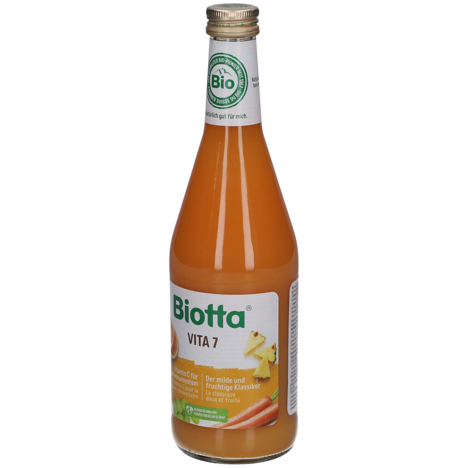 Glasflasche BIOTTA Vita 7. Orangefarbener Saft. BIO-Siegel. Aufschrift: Vitamin C für das Immunsystem.