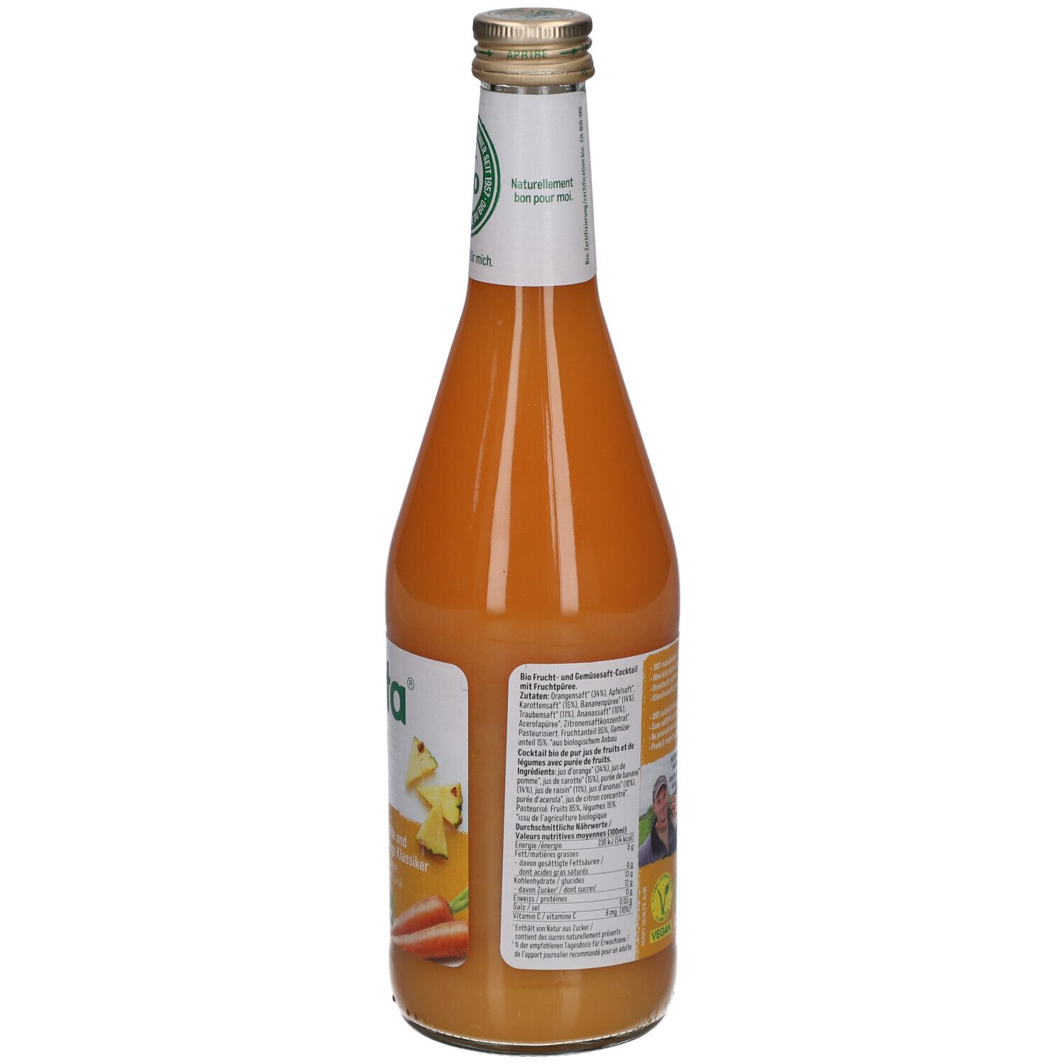 Rückseite der Glasflasche BIOTTA Vita 7. Etikett mit Text und QR-Code. BIO-Siegel. Vegan-Logo. 500 ml.