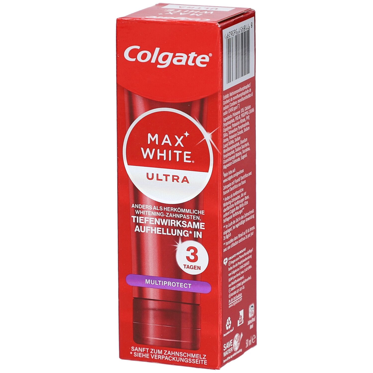 Rote Verpackung mit Colgate-Logo und Produktnamen Max White Ultra. Enthält Zahnpasta. Text: Tiefenwirksame Aufhellung in 3 Tagen. MultiProtect.