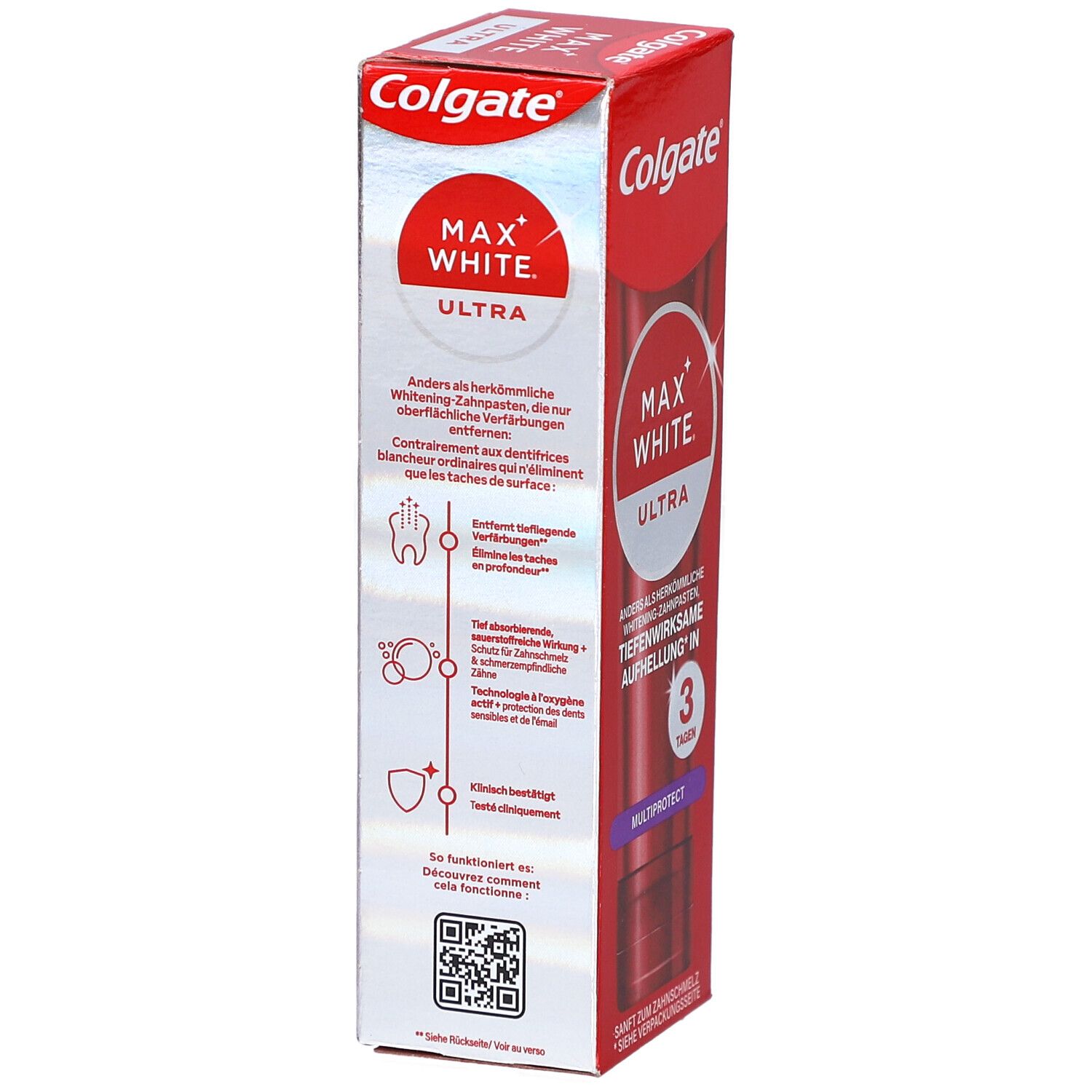 Rote Verpackung mit Colgate-Logo und Produktnamen Max White Ultra. Enthält Zahnpasta. Text: Tiefenwirksame Aufhellung. QR-Code.