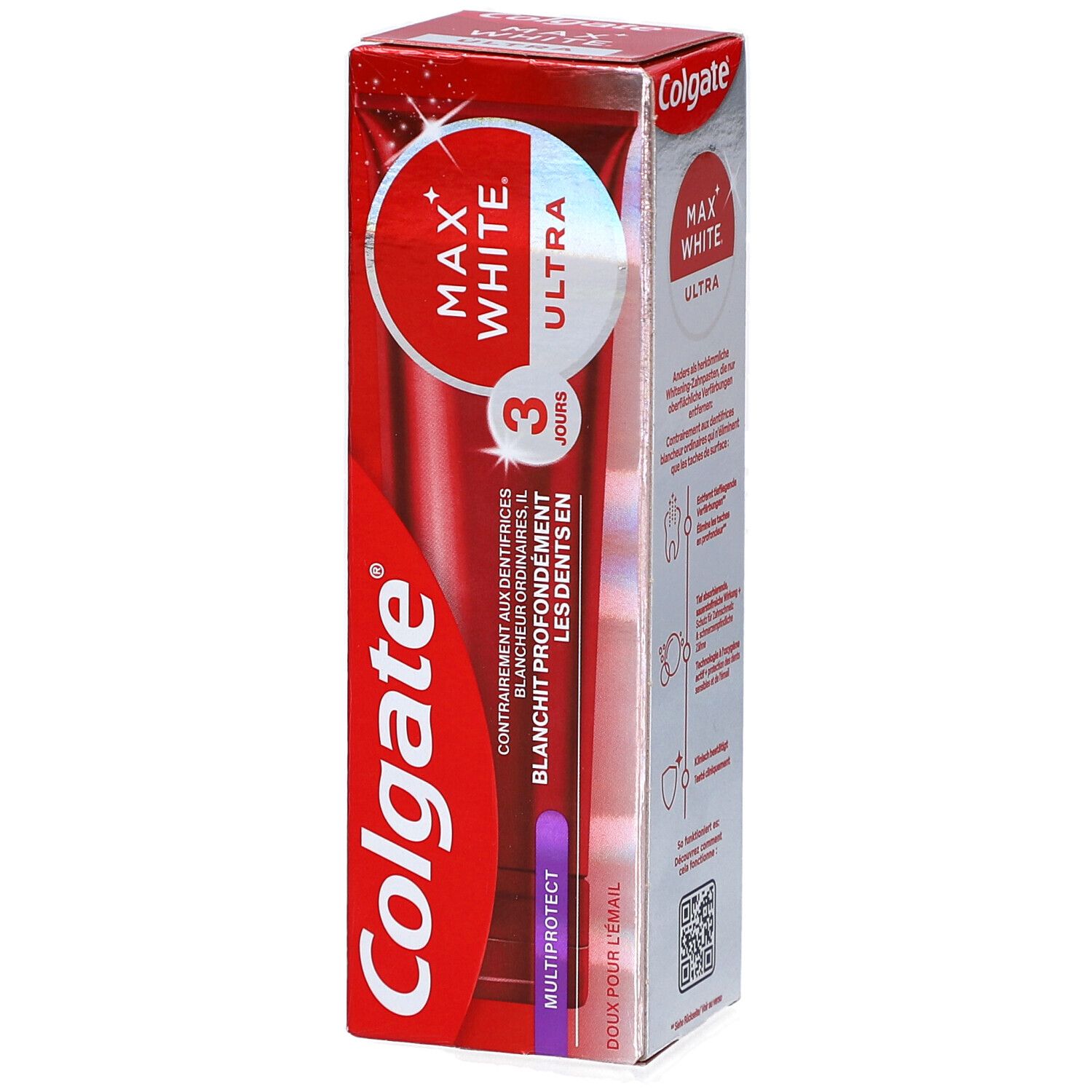 Rote Verpackung mit Colgate-Logo und Produktnamen Max White Ultra. Enthält Zahnpasta. Text: Blanchit tiefgehend die Zähne in 3 Tagen. MultiProtect.