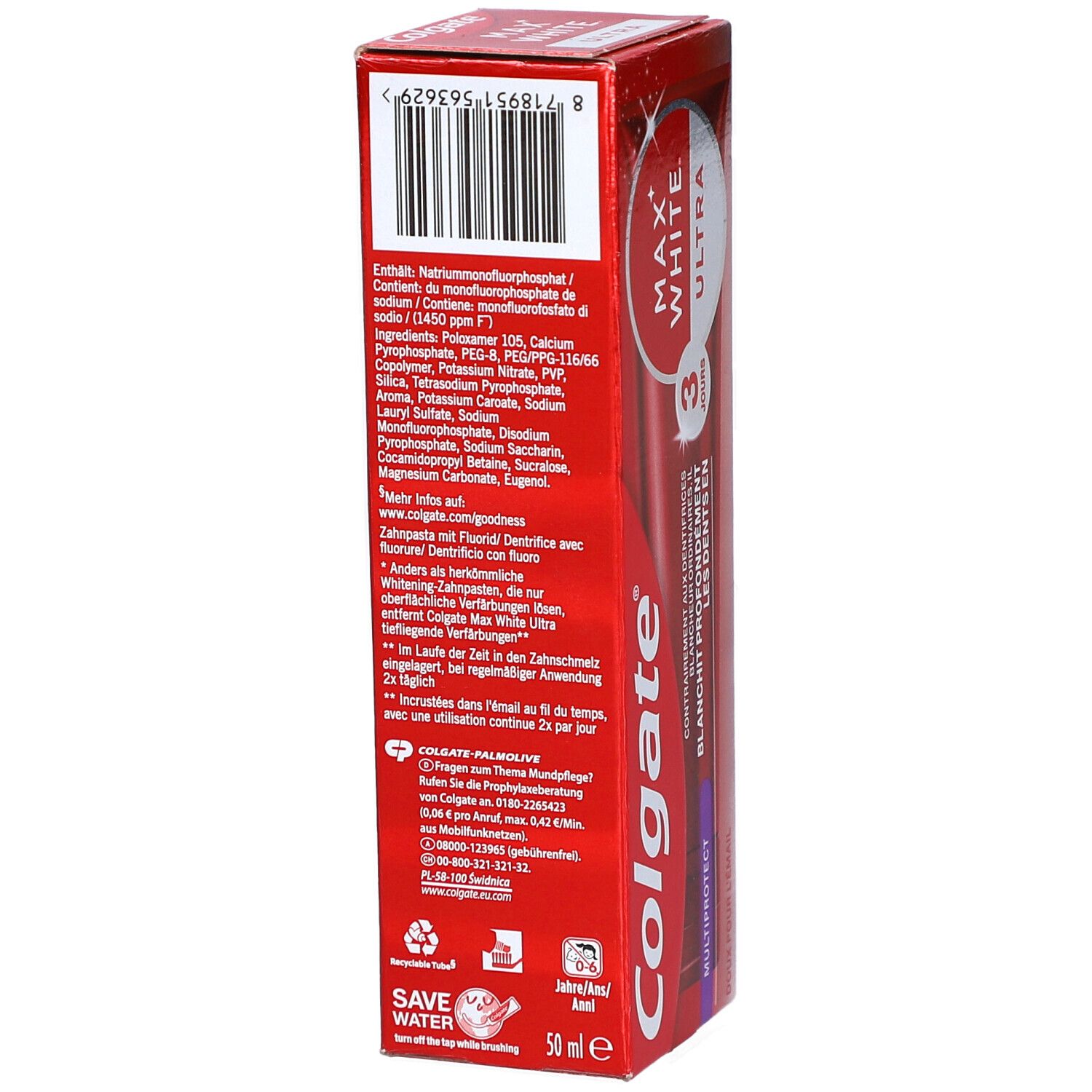 Rote Verpackung mit Colgate-Logo und Produktnamen Max White Ultra. Enthält Zahnpasta. Text: Inhaltsstoffe, 50 ml, Recycling-Symbole.