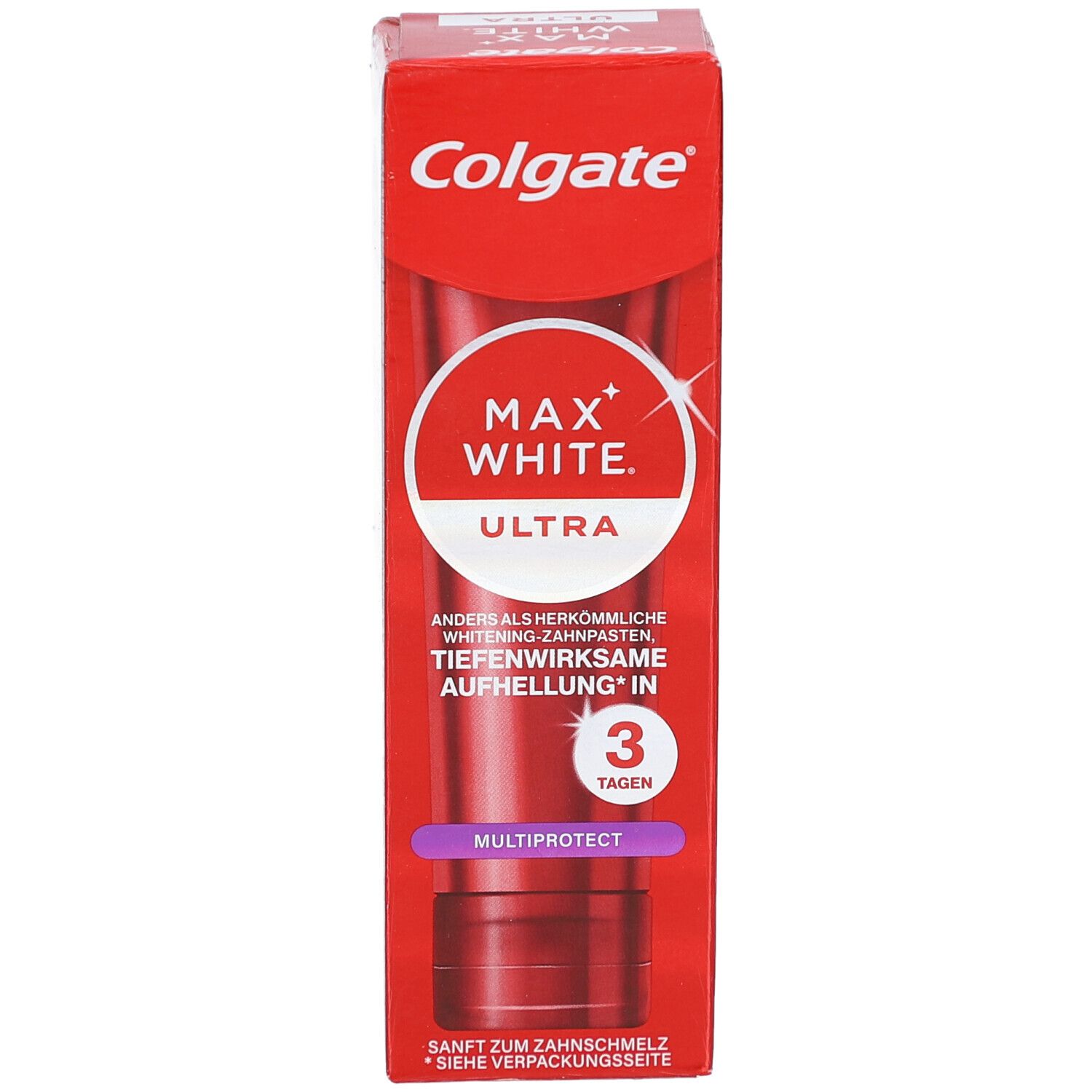 Rote Verpackung mit Colgate-Logo und Produktnamen Max White Ultra. Enthält Zahnpasta. Text: Tiefenwirksame Aufhellung in 3 Tagen. MultiProtect.
