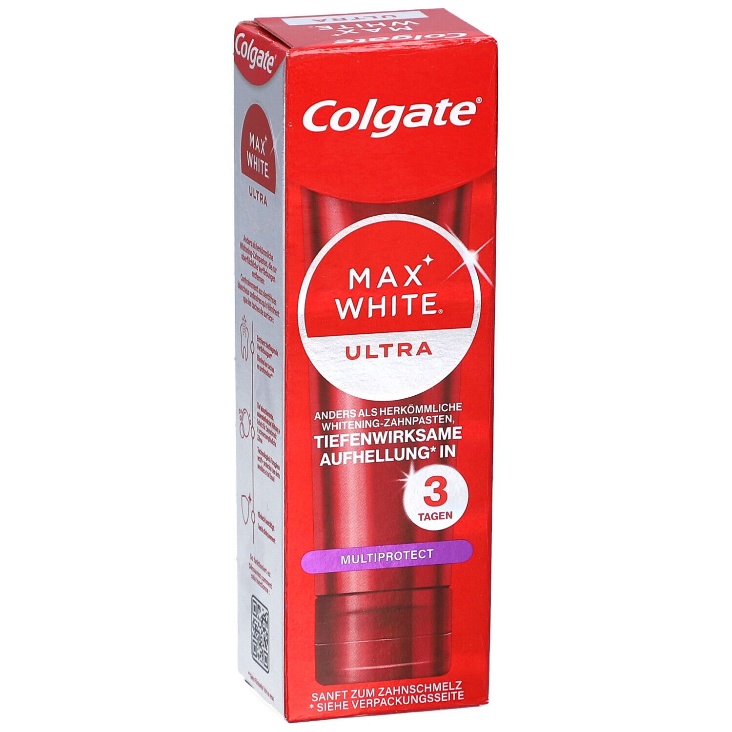 Rote Verpackung mit Colgate-Logo und Produktnamen Max White Ultra. Enthält Zahnpasta. Text: Tiefenwirksame Aufhellung in 3 Tagen. MultiProtect.