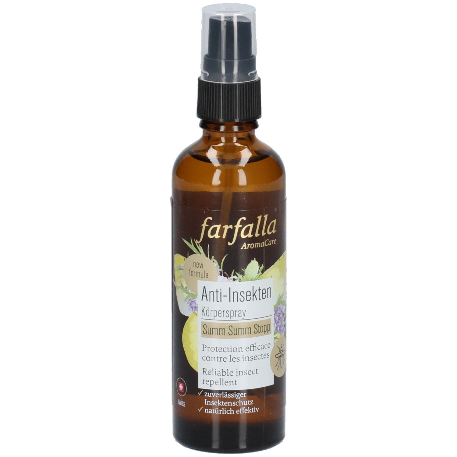 Braune Glasflasche mit Sprühkopf. Aufschrift: farfalla AromaCare, Anti-Insekten Körperspray, Summ Summ Stopp. Schweizer Kreuz.