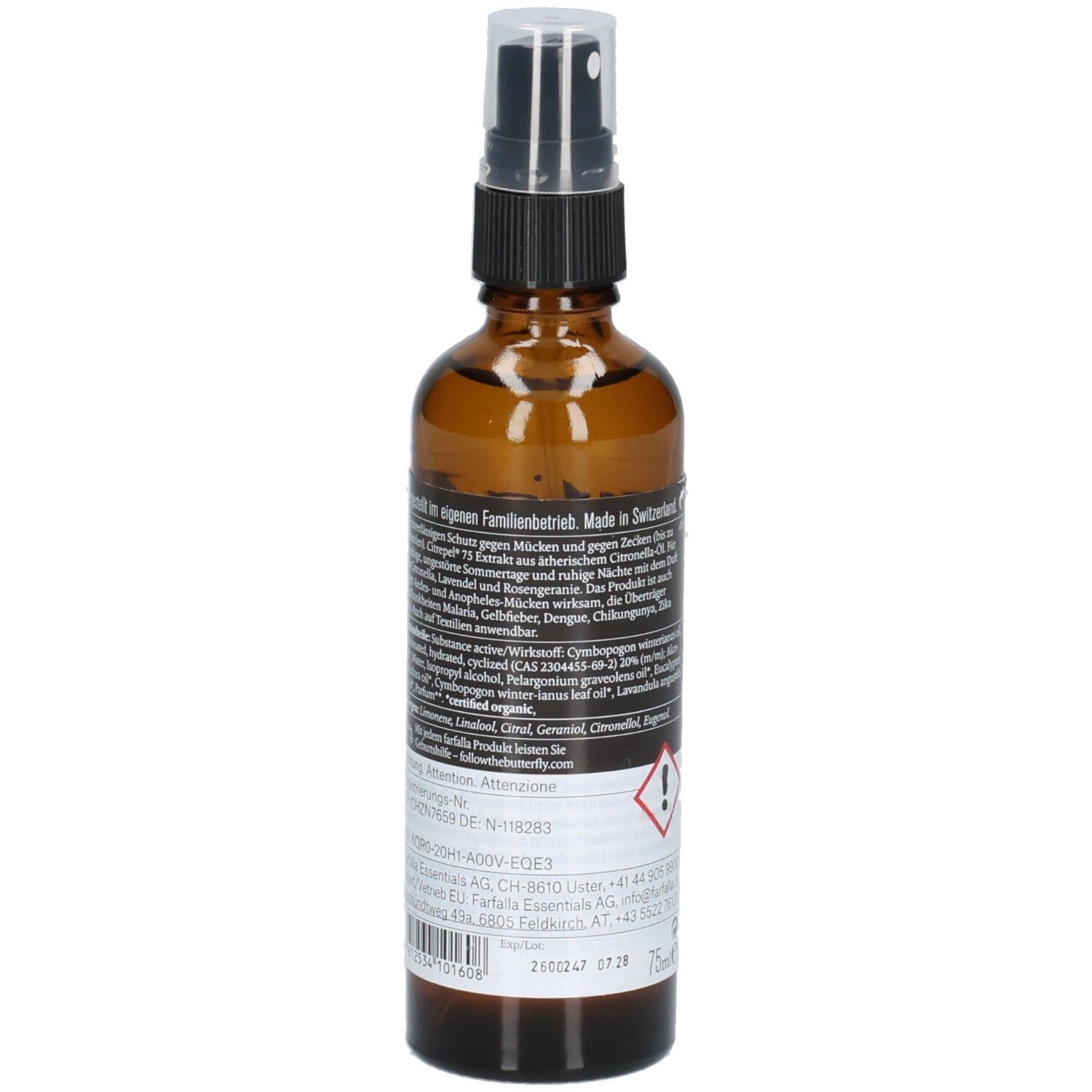 Braune Glasflasche, Rückseite. Text und Piktogramme. Aufschrift: farfalla, 75ml. Gefahrensymbol.