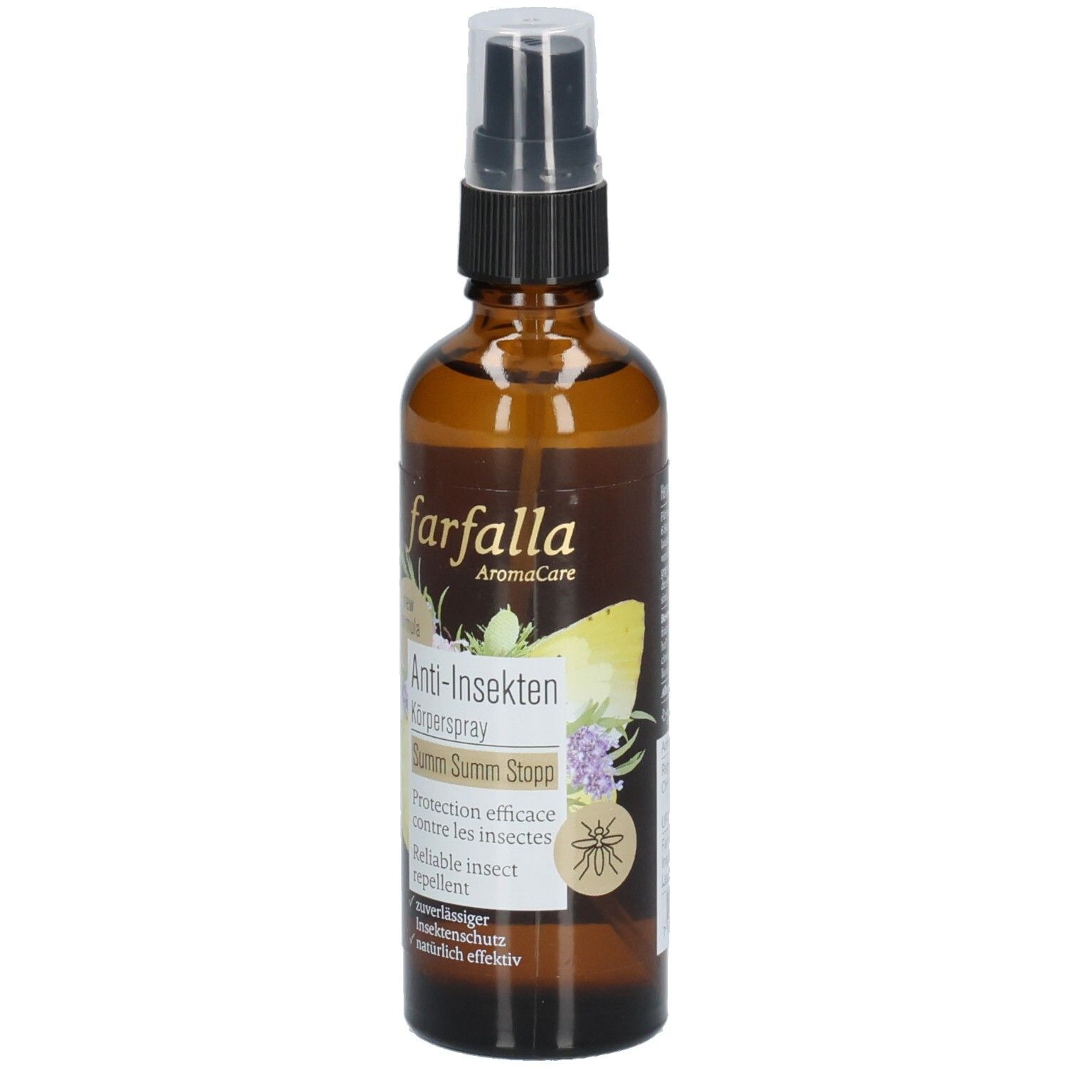 Braune Glasflasche mit Sprühkopf. Aufschrift: farfalla AromaCare, Anti-Insekten Körperspray, Summ Summ Stopp. Schweizer Kreuz.