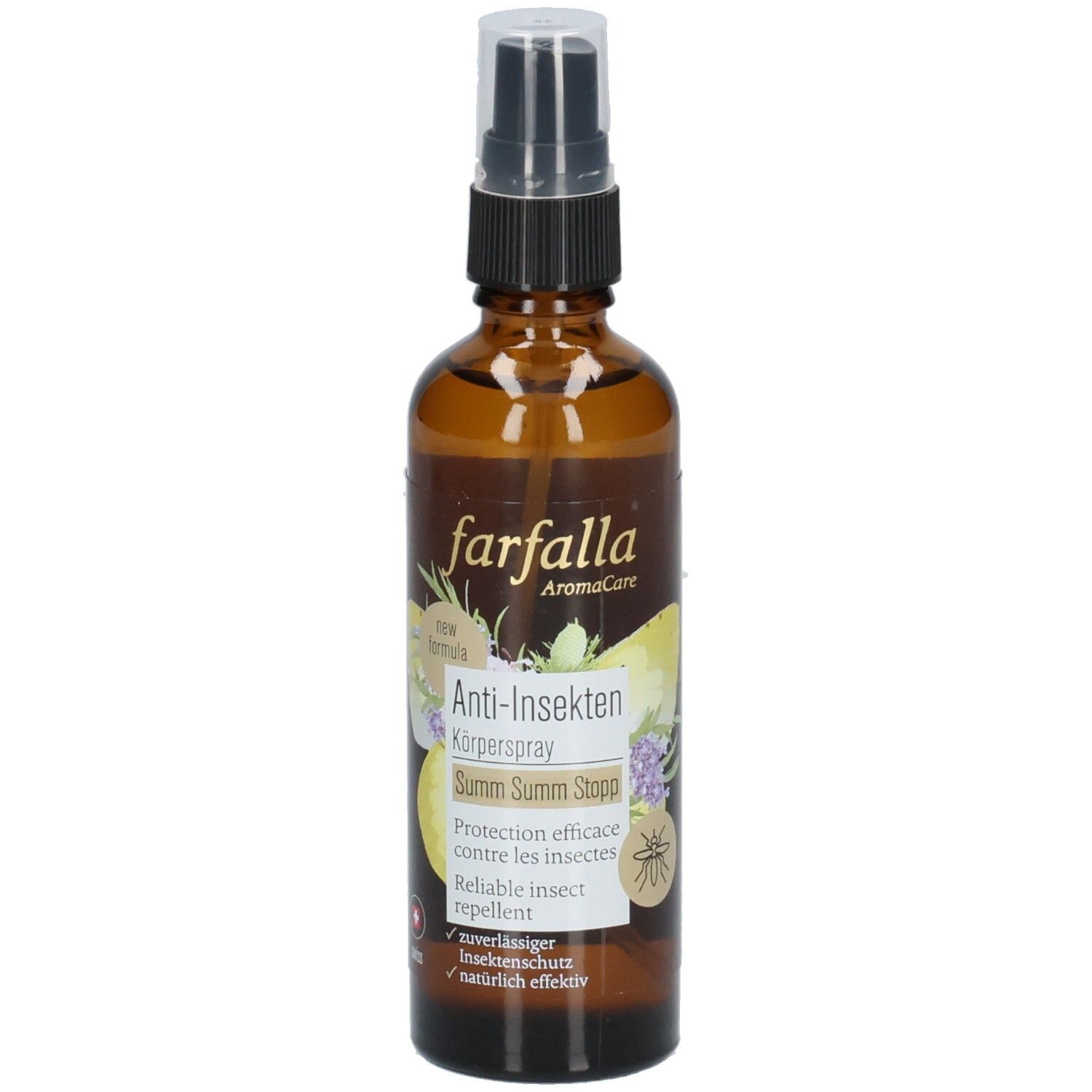 Braune Glasflasche mit Sprühkopf. Aufschrift: farfalla AromaCare, Anti-Insekten Körperspray, Summ Summ Stopp. Schweizer Kreuz.