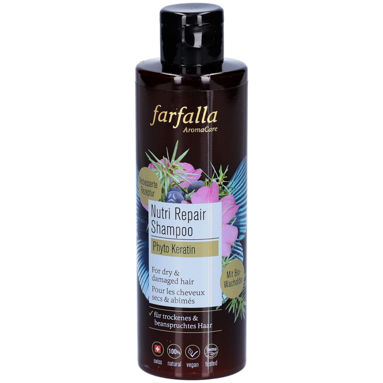 Flacon de shampooing brun avec bouchon noir. Inscription : Farfalla AromaCare, Nutri Repair Shampoo, Phyto Keratin. Pour cheveux secs et abîmés.