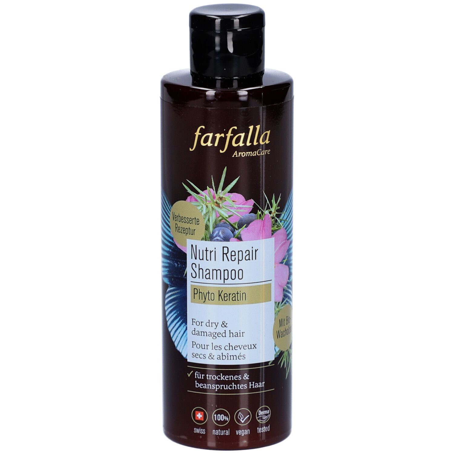 Flacon de shampooing brun avec bouchon noir. Inscription : Farfalla AromaCare, Nutri Repair Shampoo, Phyto Keratin. Pour cheveux secs et abîmés.