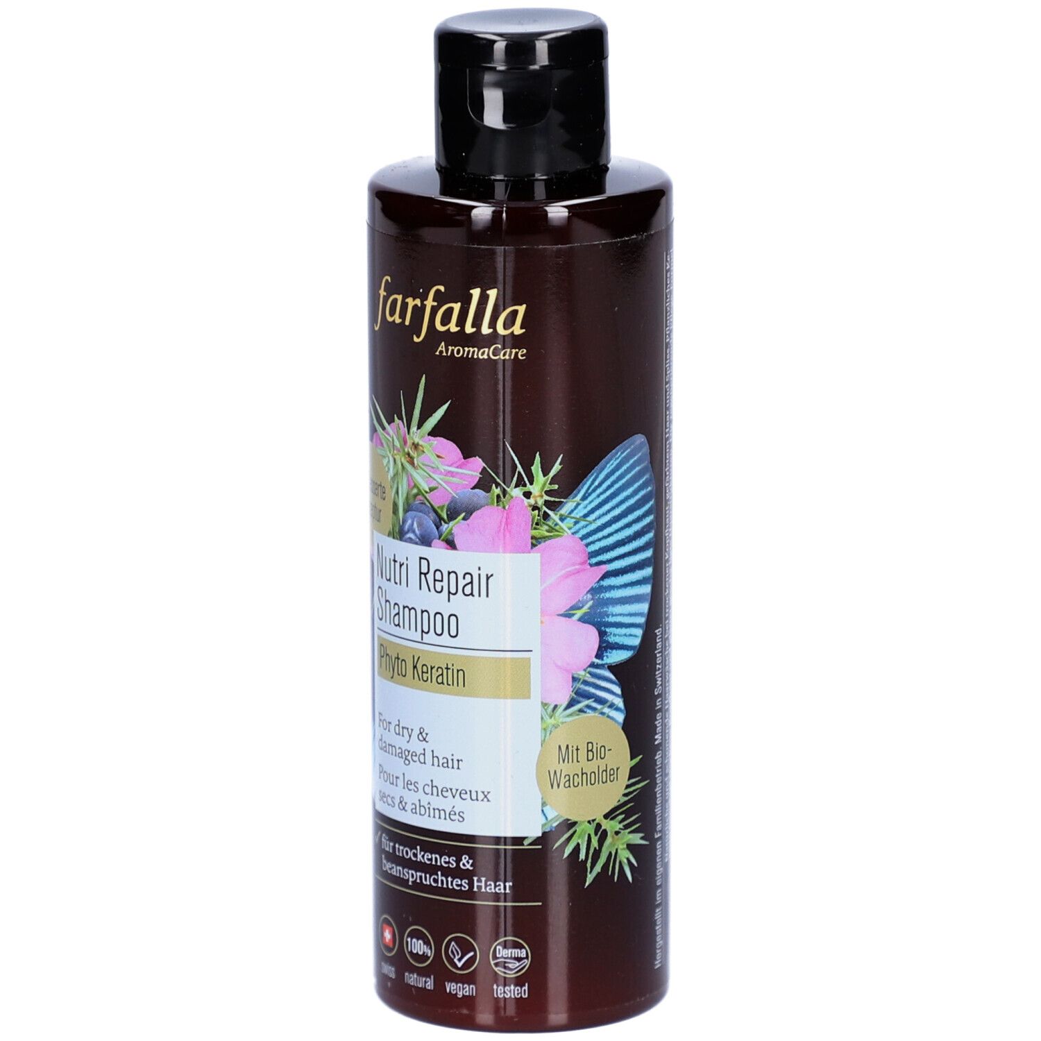 Flacon de shampooing brun avec bouchon noir. Inscription : Farfalla AromaCare, Nutri Repair Shampoo, Phyto Keratin. Pour cheveux secs et abîmés.