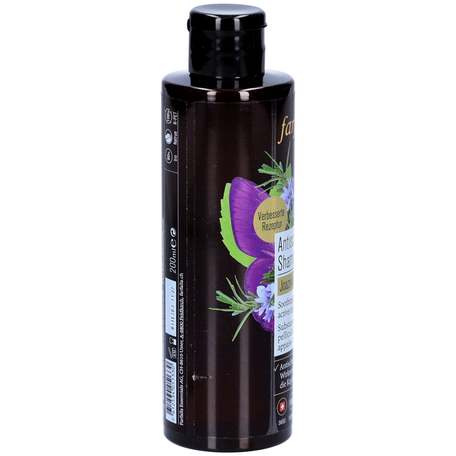 Dos du flacon marron. Texte: Antischuppen Shampoo, 200ml. Avec motif floral et divers logos.