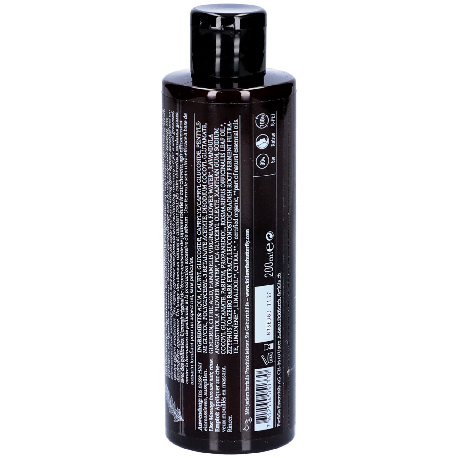 Dos du flacon marron. Texte: Ingrédients, 200ml. Avec divers logos et textes.