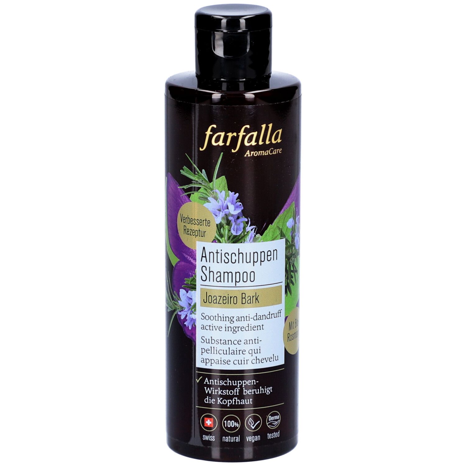 Flacon marron avec bouchon noir. Inscription: Farfalla Antischuppen Shampoo Joazeiro Bark. Avec logo et motif floral.