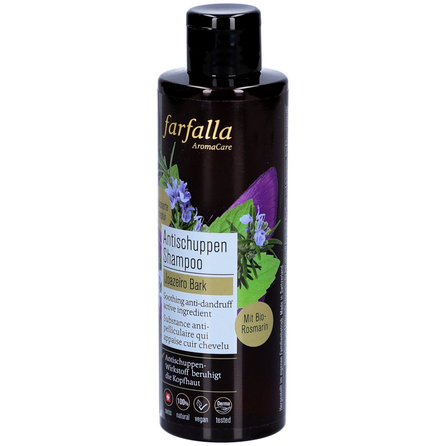 Flacon marron avec bouchon noir. Inscription: Farfalla Antischuppen Shampoo Joazeiro Bark. Avec logo et motif floral.