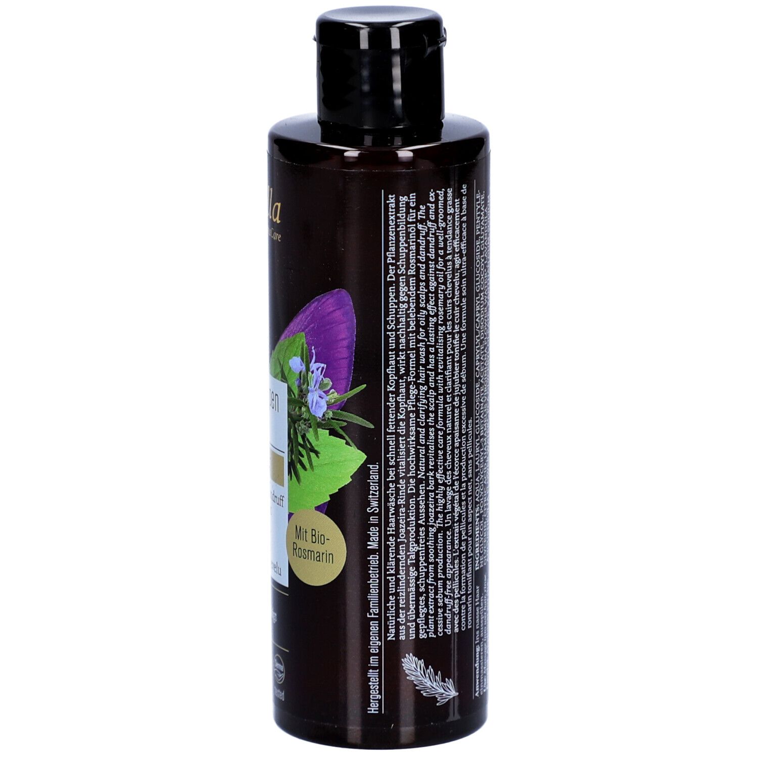 Dos du flacon marron. Texte: Antischuppen Shampoo, 200ml. Avec motif floral et divers logos.