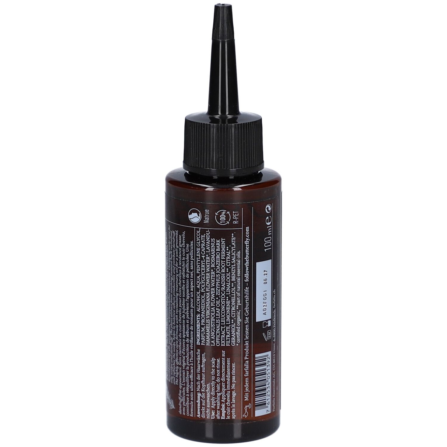 Braune Flasche mit schwarzem Applikator. Rückseite mit Produktinformationen und Inhaltsstoffen.