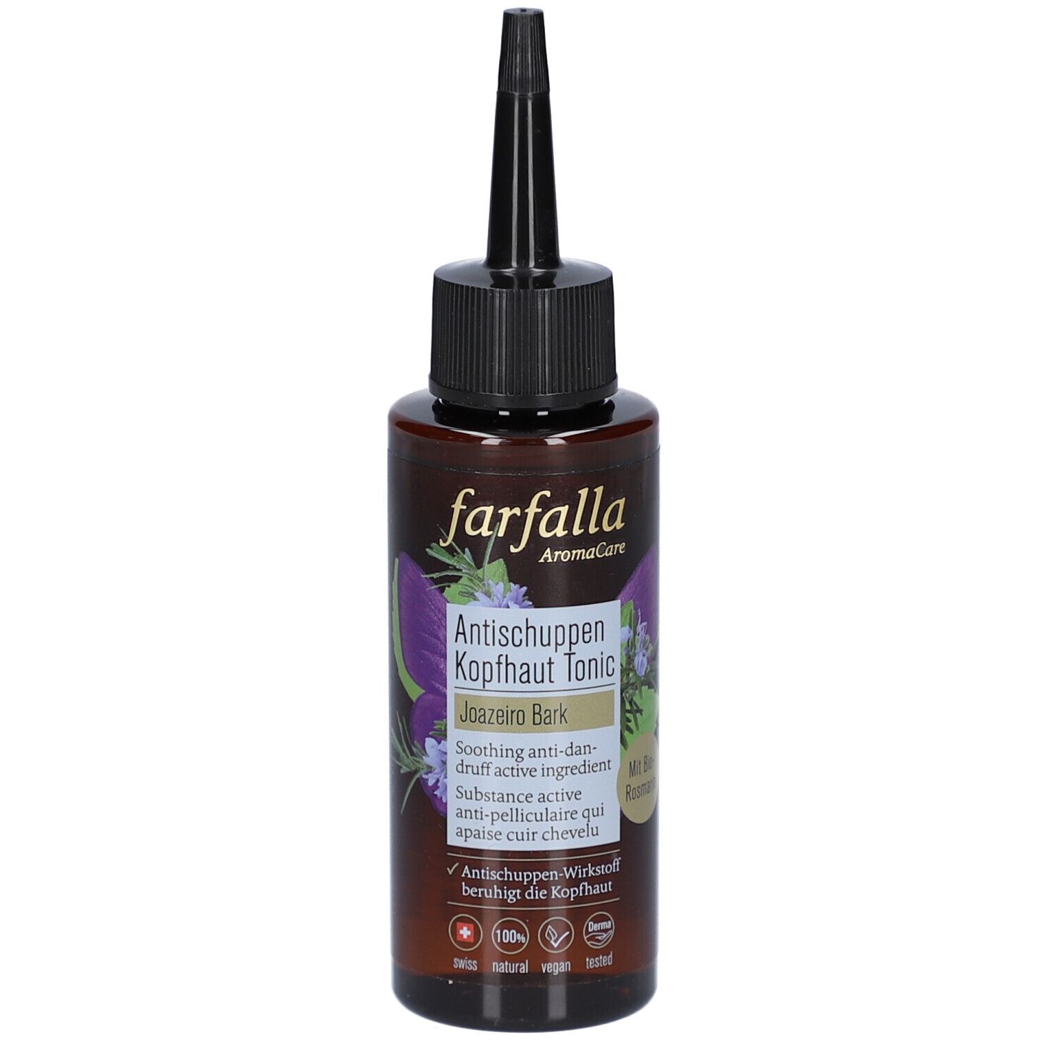 Braune Flasche mit schwarzem Applikator. Aufschrift: Farfalla, Antischuppen Kopfhaut Tonic. Vegan.
