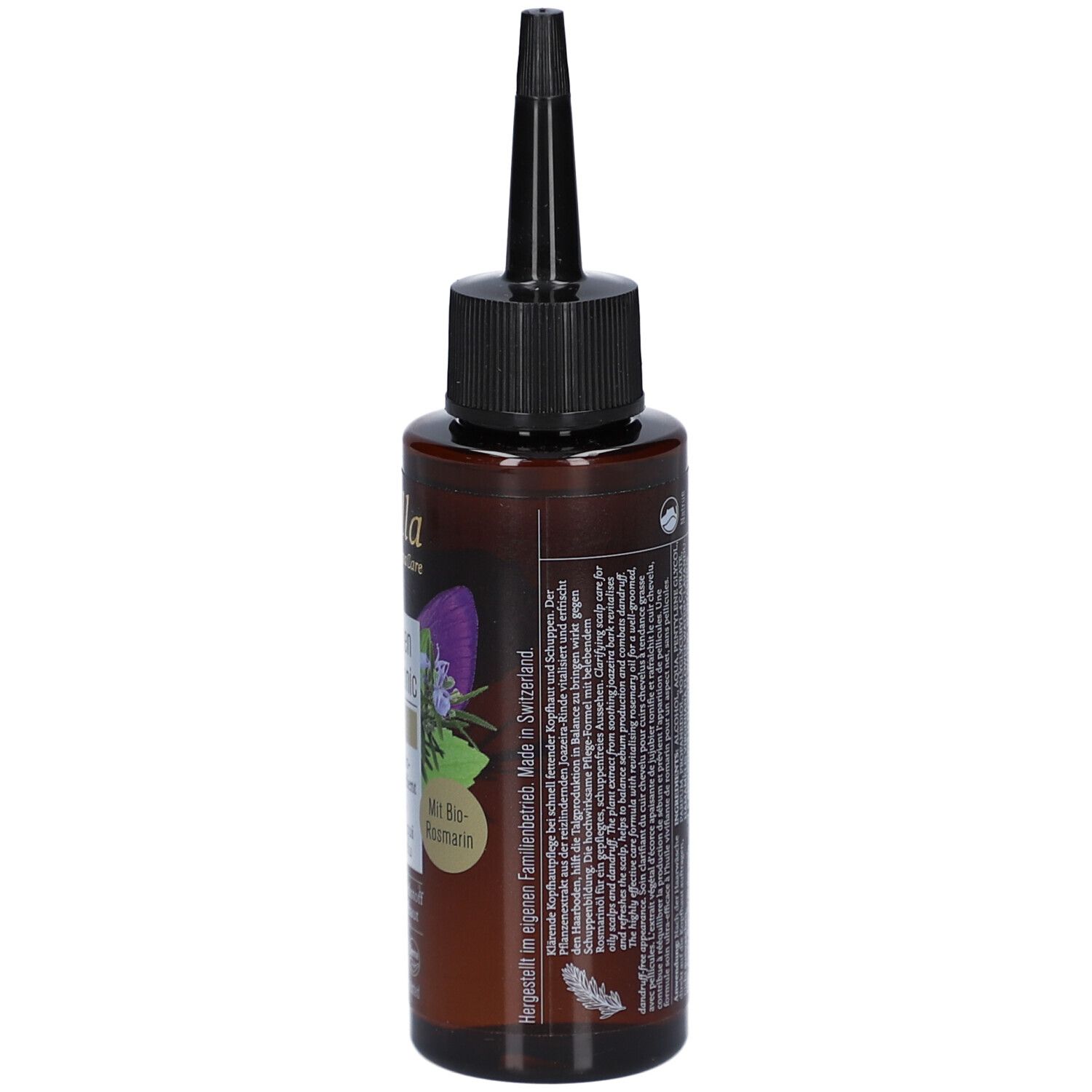 Braune Flasche mit schwarzem Applikator. Rückseite mit Produktinformationen und Herkunftsangabe: Made in Switzerland.