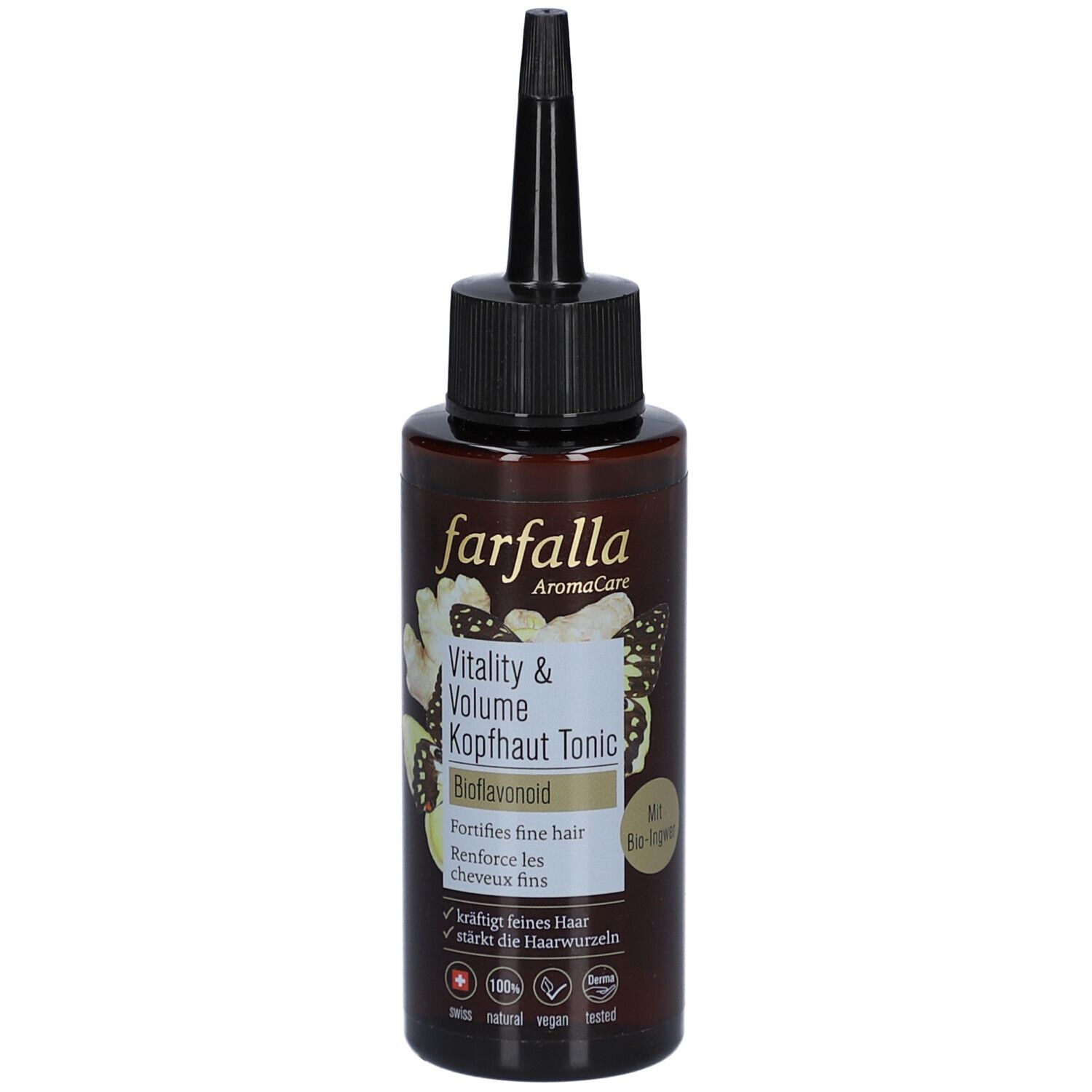 Flacon brun avec applicateur noir. Inscription: Farfalla AromaCare, Vitality & Volume Kopfhaut Tonic, Bioflavonoid. Avec label bio.