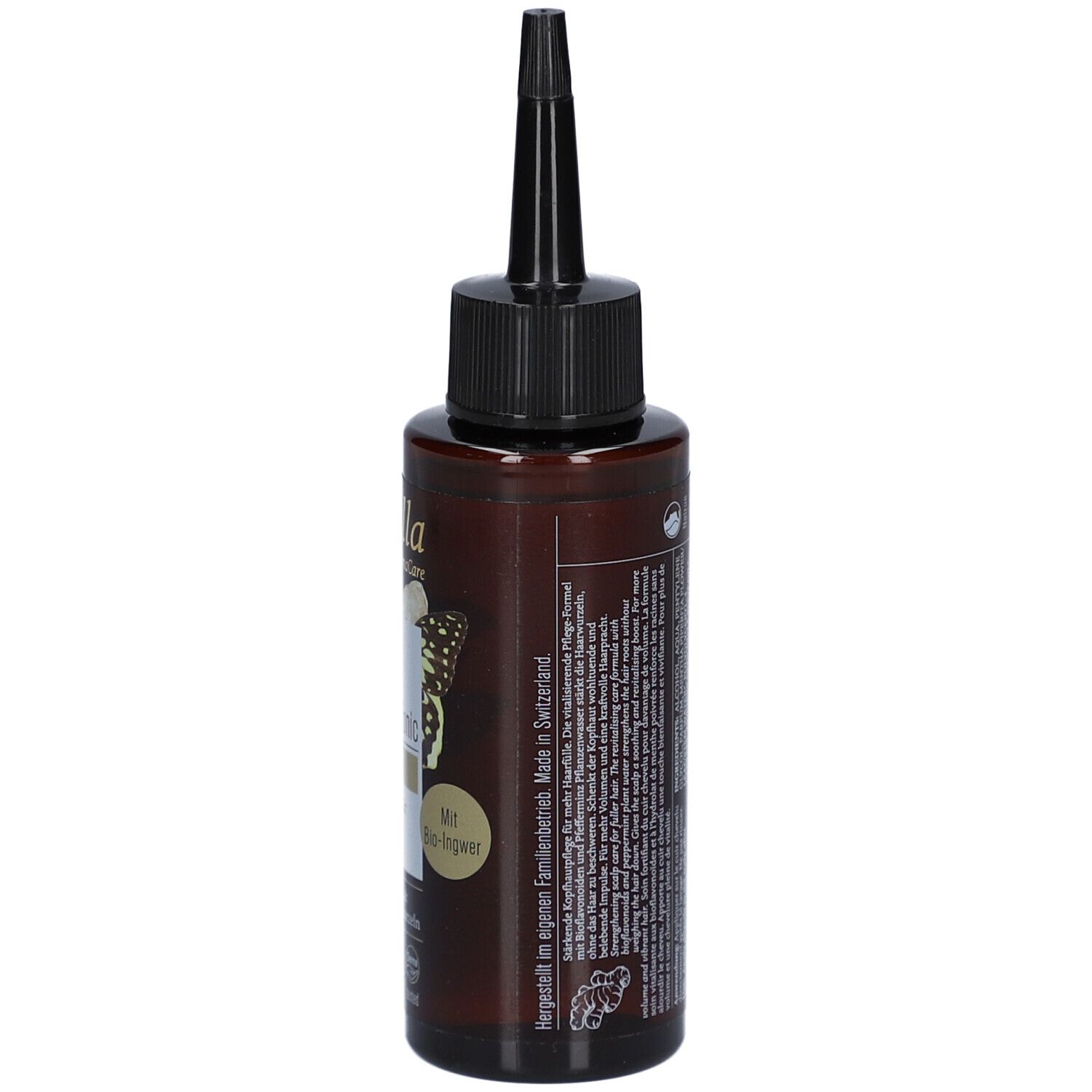 Flacon brun avec applicateur noir. Dos avec texte et label bio. Fabriqué en Suisse.