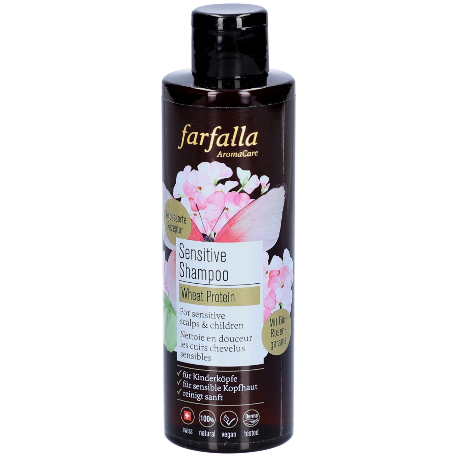 Flacon brun de shampooing Farfalla Sensitive avec bouchon noir. Inscription: Sensitive Shampoo, protéine de blé, pour cuirs chevelus sensibles.