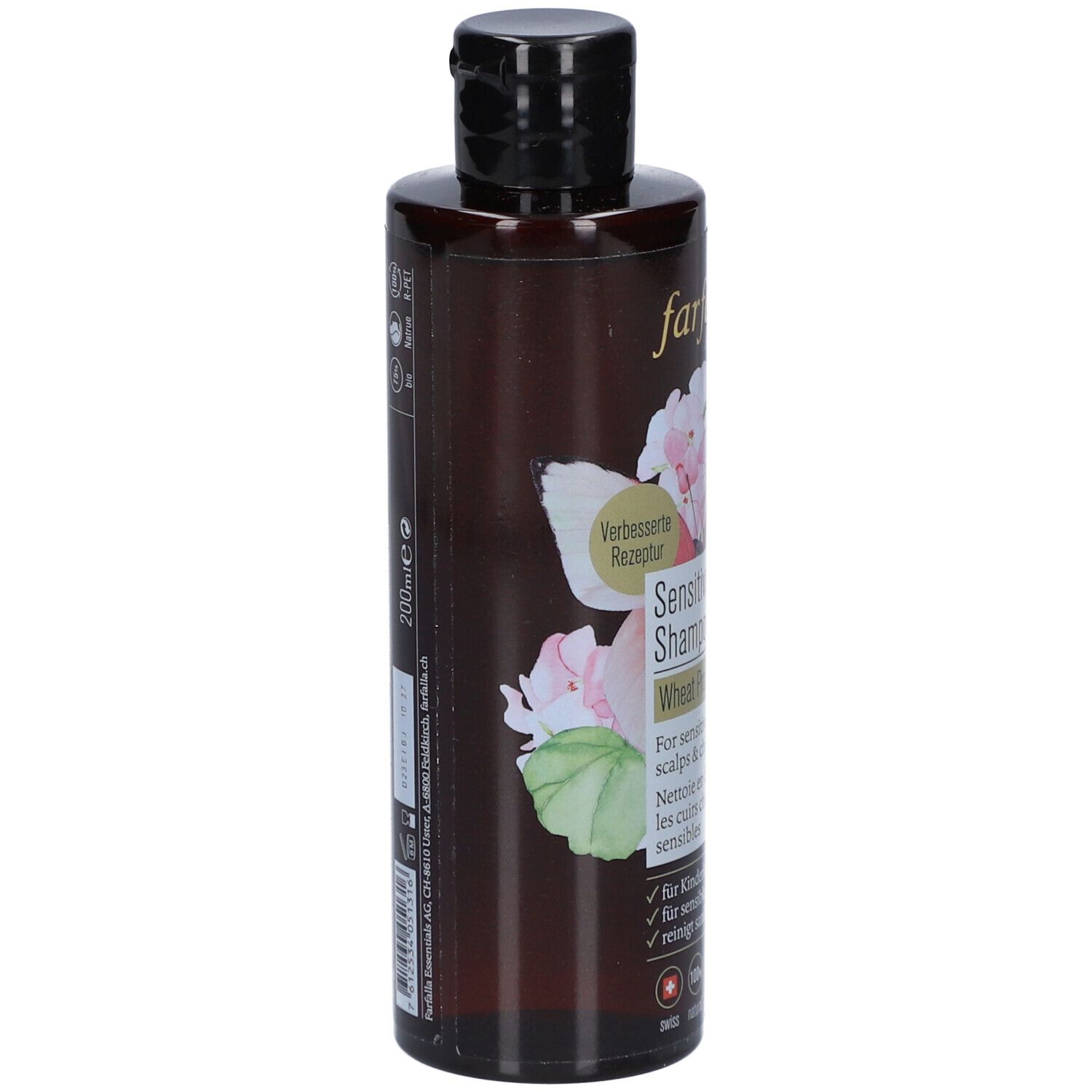 Flacon brun de shampooing Farfalla. Inscription: Sensitive Shampoo, protéine de blé. Latéral: 200ml, ingrédients, informations fabricant.
