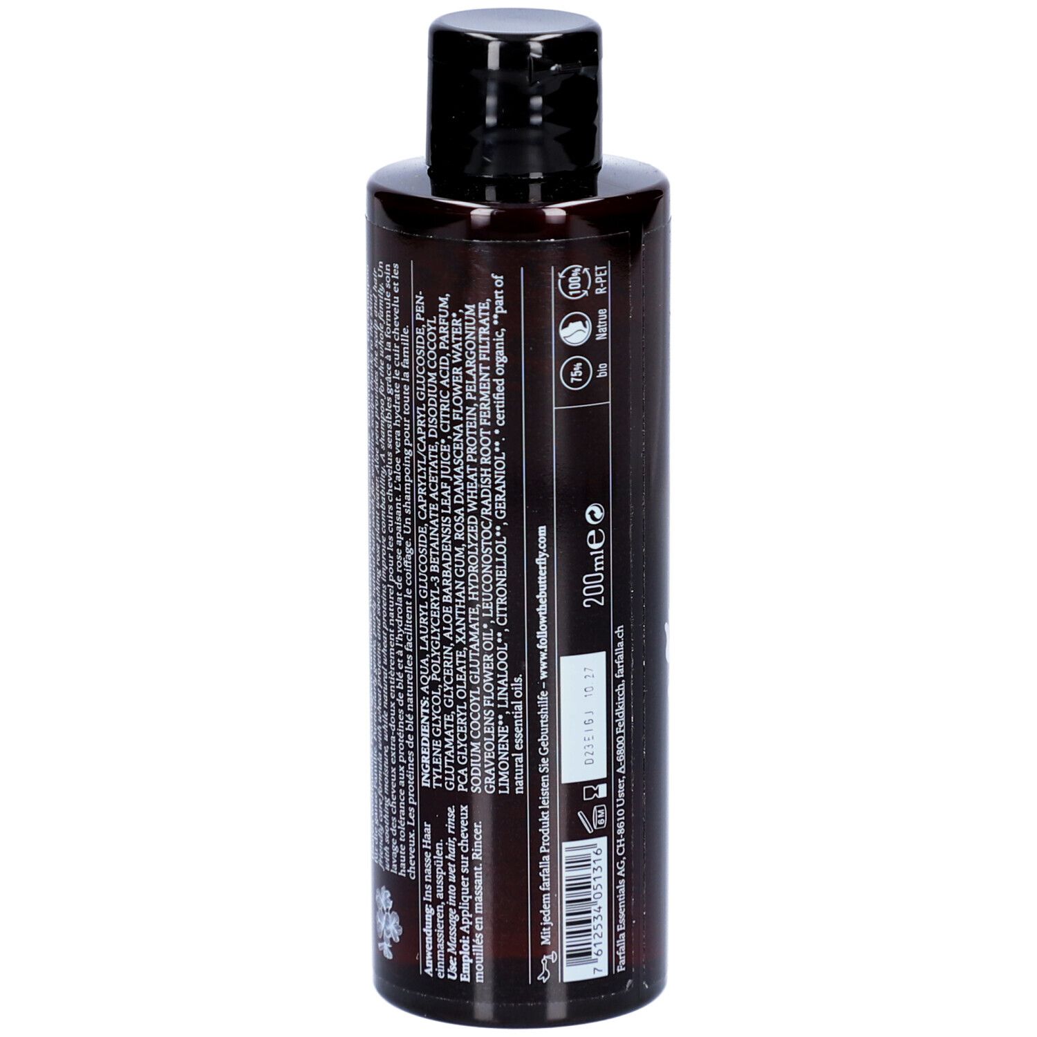 Dos du flacon de shampooing Farfalla brun. Texte: ingrédients, informations fabricant, 200ml. Logos: Vegan, Swiss, Natural, testé.