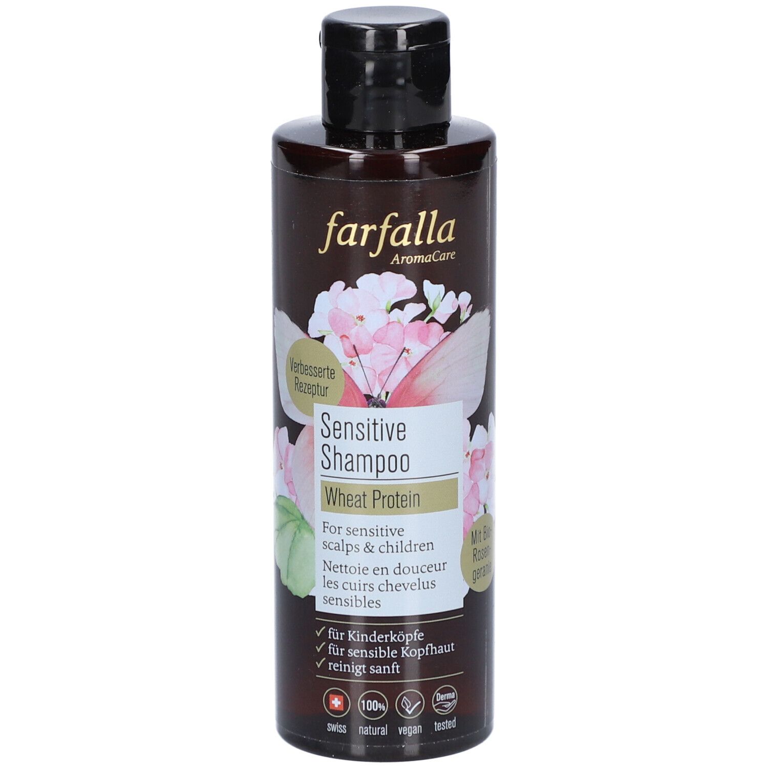Flacon brun de shampooing Farfalla Sensitive avec bouchon noir. Inscription: Sensitive Shampoo, protéine de blé, pour cuirs chevelus sensibles.