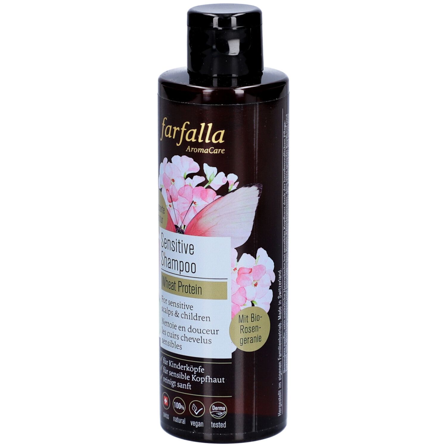 Flacon brun de shampooing Farfalla Sensitive avec bouchon noir. Inscription: Sensitive Shampoo, protéine de blé, pour cuirs chevelus sensibles.