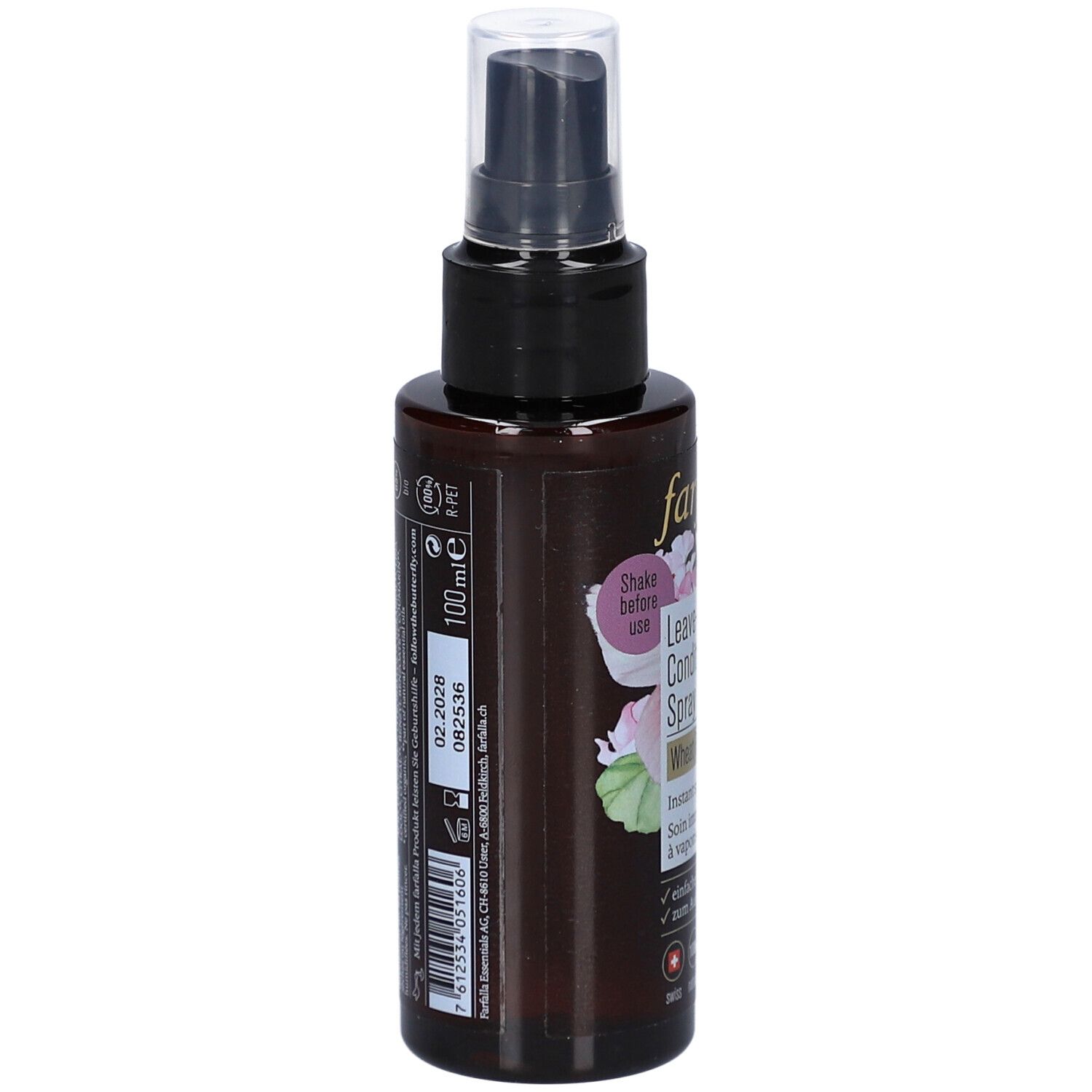 Flacon spray brun avec tête noire. Inscription: 100 ml, date de péremption. Dos avec texte et code-barres.