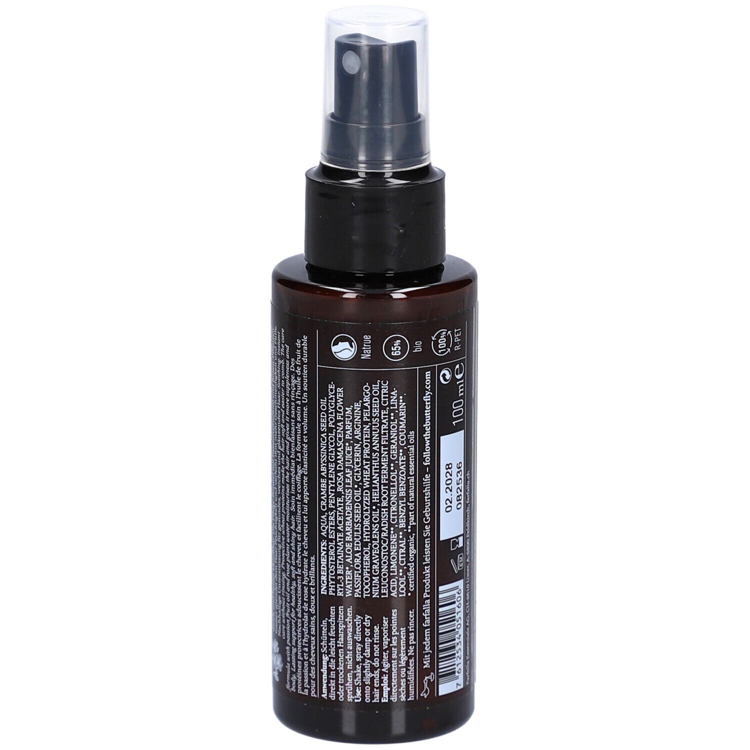Flacon spray brun avec tête noire. Dos avec ingrédients et texte. Inscription: 100 ml.