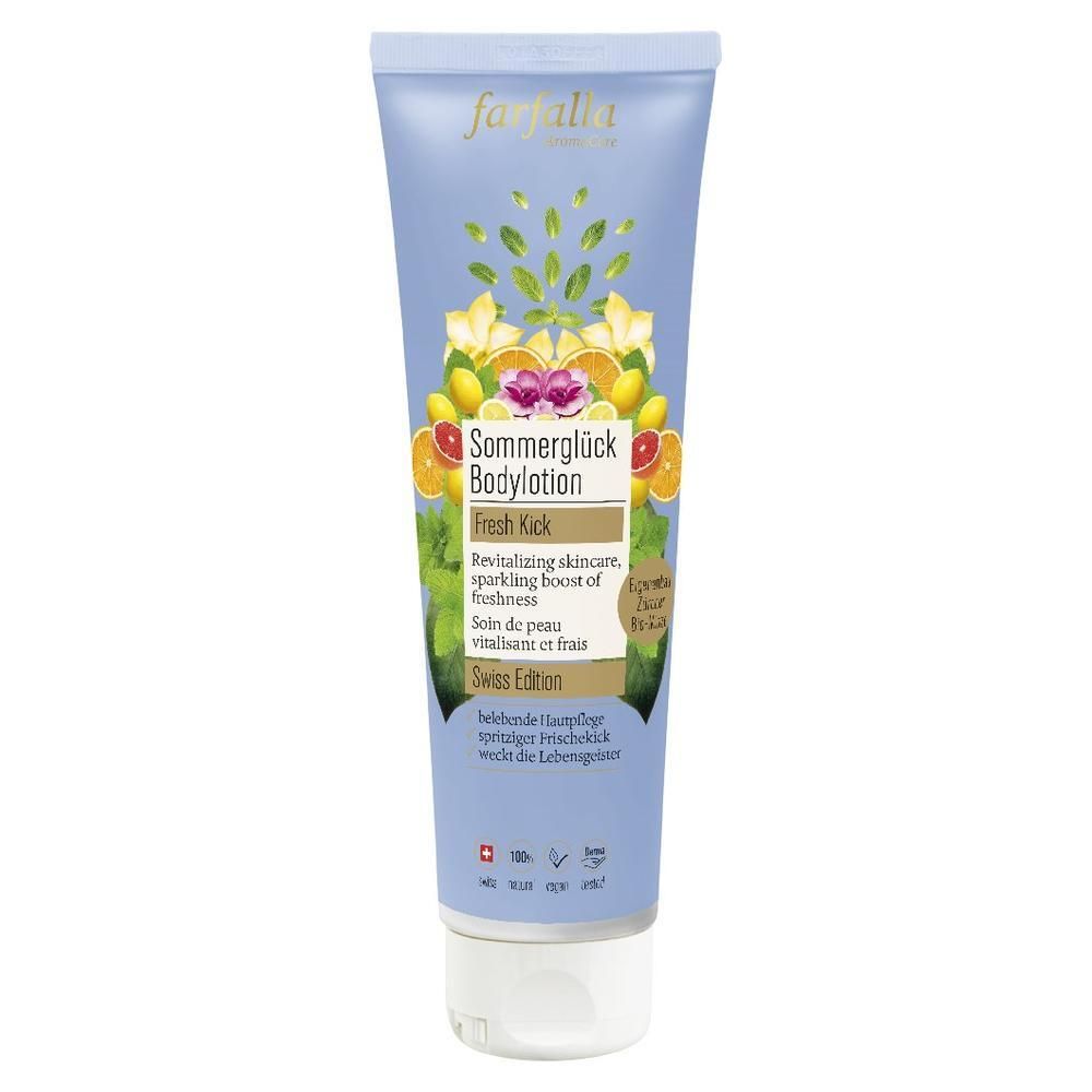 Tube de lotion pour le corps. Fond bleu clair avec illustrations florales. Texte : Sommerglück Bodylotion, Fresh Kick, Swiss Edition. Fermeture blanche.