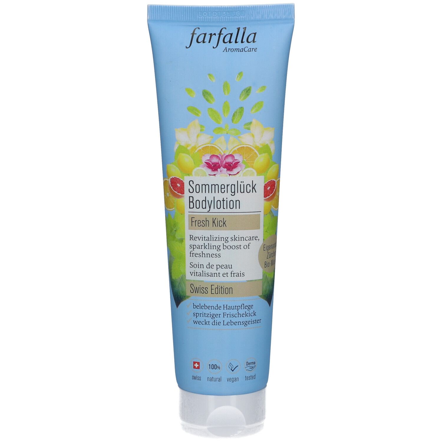 Hellblaue Tube mit Farfalla-Logo und Sommerglück Bodylotion-Aufdruck. Enthält Illustrationen von Früchten und Blüten.