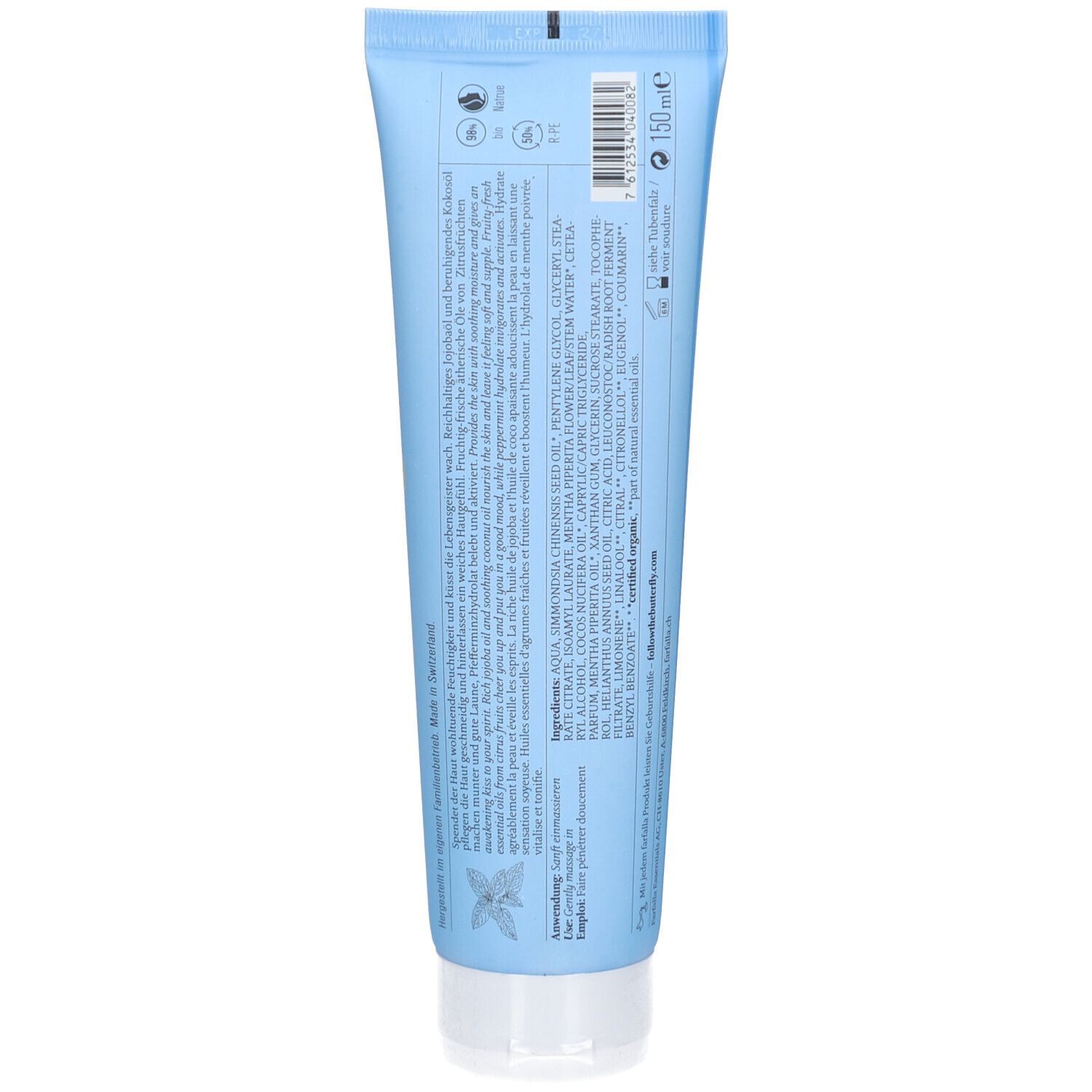 Rückseite einer hellblauen Tube. Enthält Text, Inhaltsstoffe und Logos. Oben steht 150 ml.