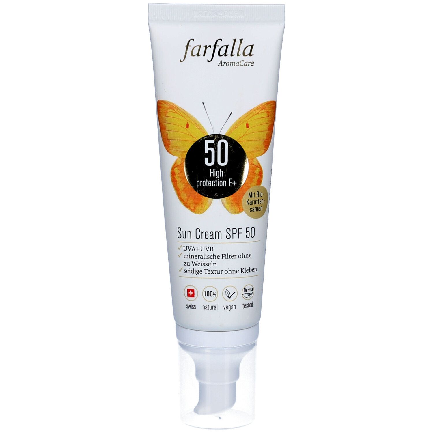 Sonnencreme-Tube mit Schmetterling-Motiv. Aufschrift: Farfalla, SPF 50. Enthält mineralische Filter. Mit Bio-Karottenöl.