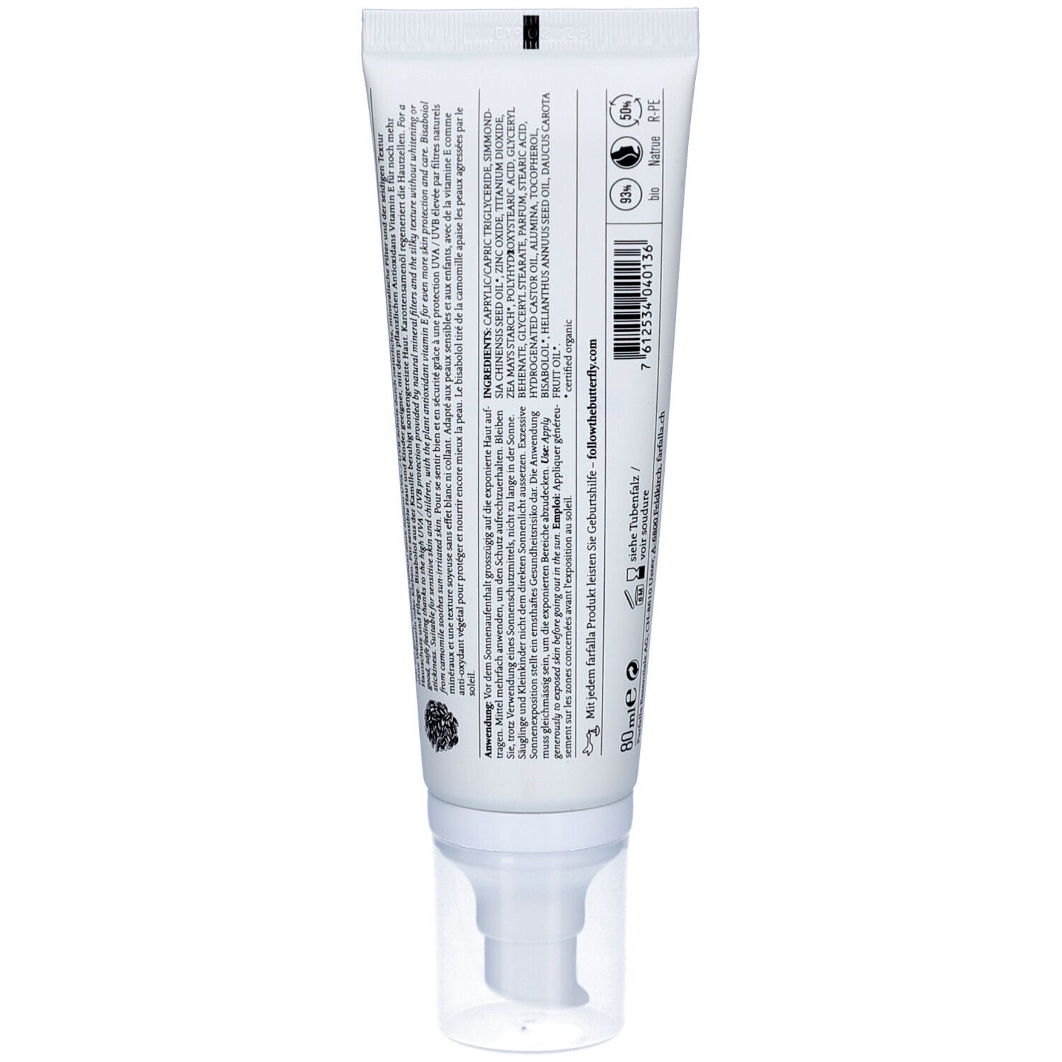 Rückseite der Sonnencreme-Tube. Text mit Inhaltsstoffen und Anwendungshinweisen. Mit Siegeln und Barcode.